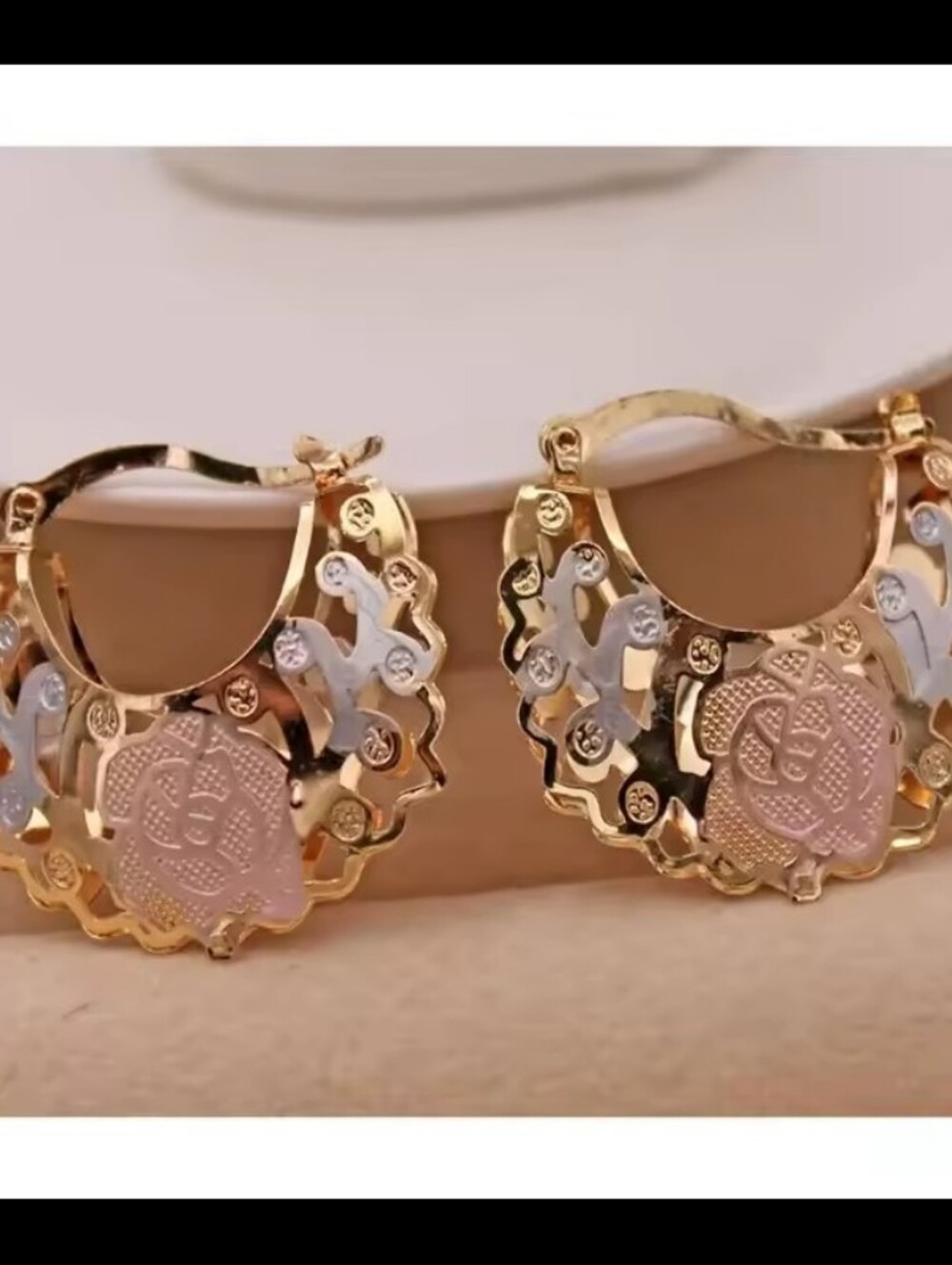 Gold and Pink Floral Hoop Earrings Women's New Jewelry G34